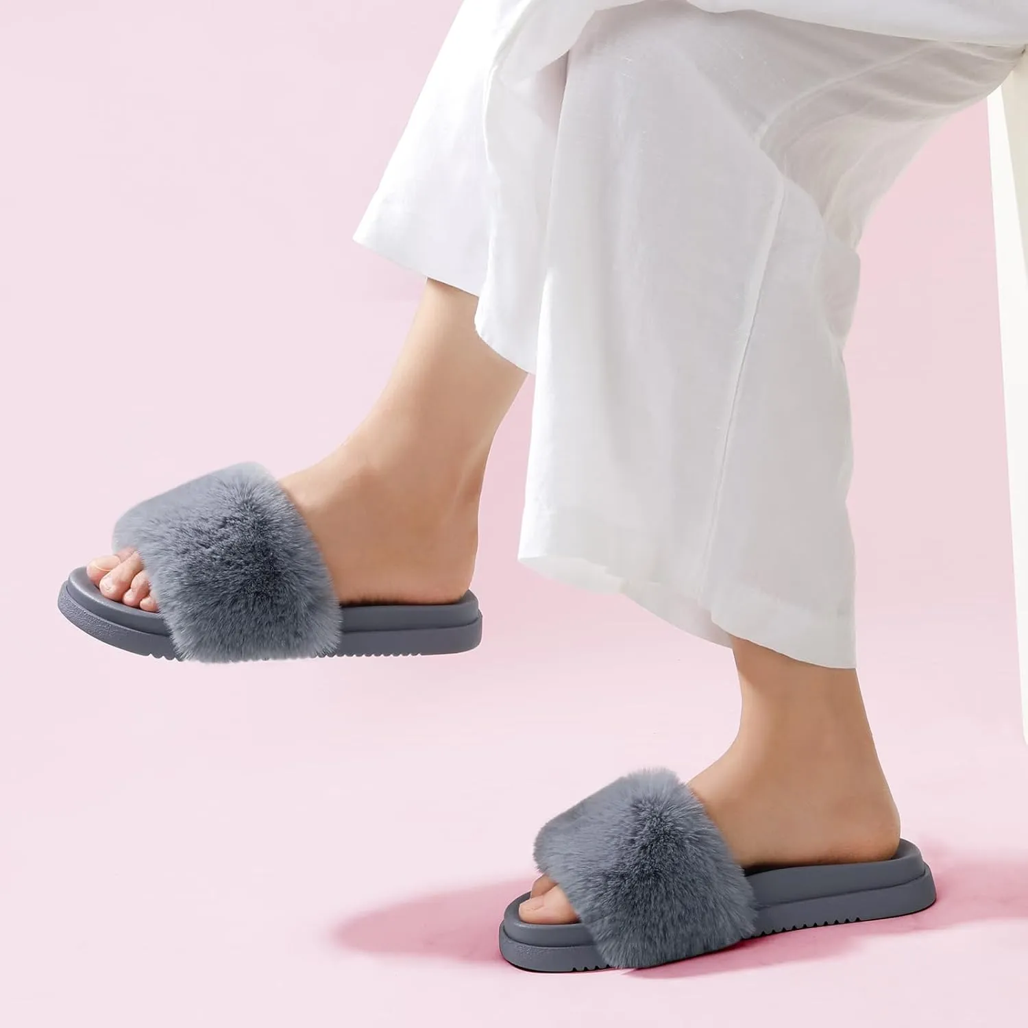 Ankis Black Pink Grey Camel Fur Slides-Cute Chic Versatile Pretty Soft Platform Slides, Open Toe, Non-slip Womens House Fluffy Slippers, Fuzzy Slippers for Women Indoor Outdoor, All Seasons