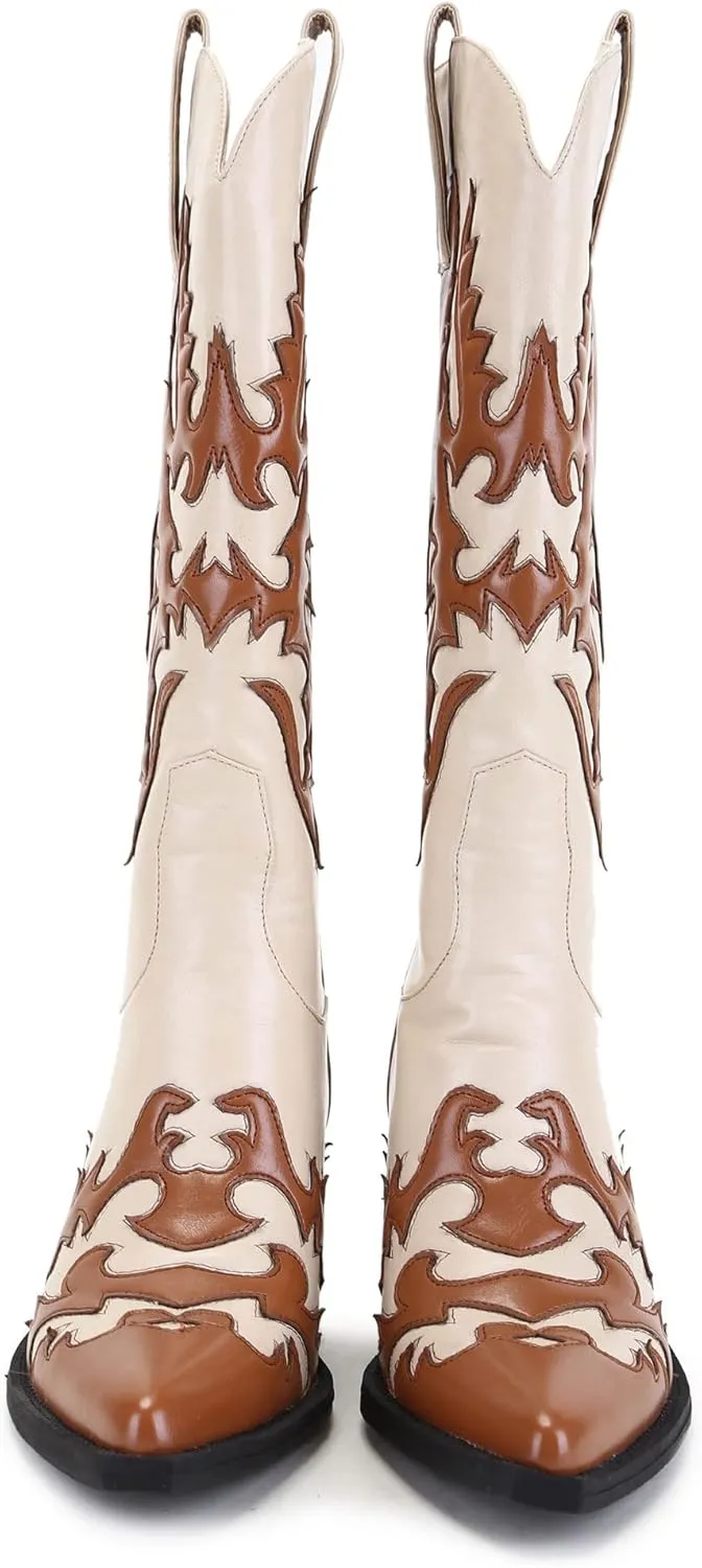 ANN CREEK Women's 'Claremont' Sexy Cowboy Boots Mid Calf Knee-high Patchwork Dressy Cowgirl Western Woman Chunky Heel Pointed Toe Trendy Knee High Tall Boots