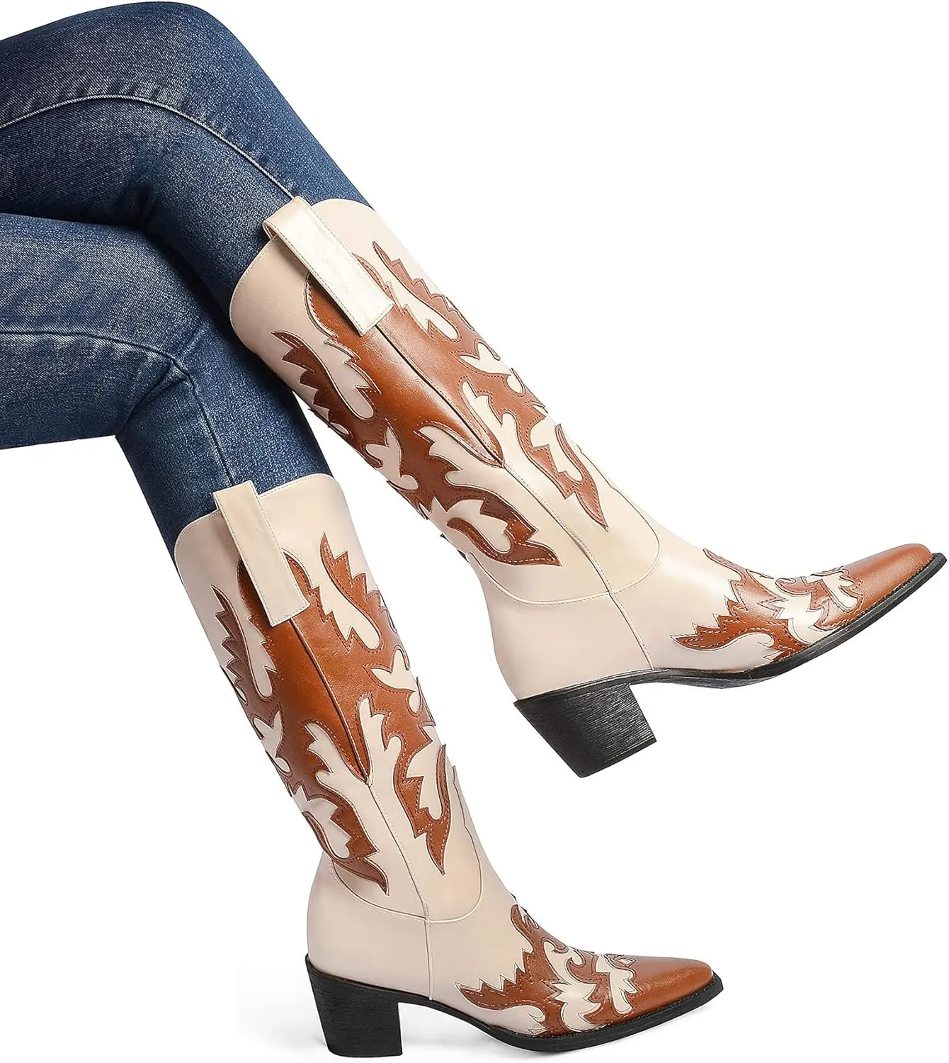 ANN CREEK Women's 'Claremont' Sexy Cowboy Boots Mid Calf Knee-high Patchwork Dressy Cowgirl Western Woman Chunky Heel Pointed Toe Trendy Knee High Tall Boots