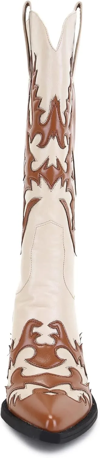 ANN CREEK Women's 'Claremont' Sexy Cowboy Boots Mid Calf Knee-high Patchwork Dressy Cowgirl Western Woman Chunky Heel Pointed Toe Trendy Knee High Tall Boots