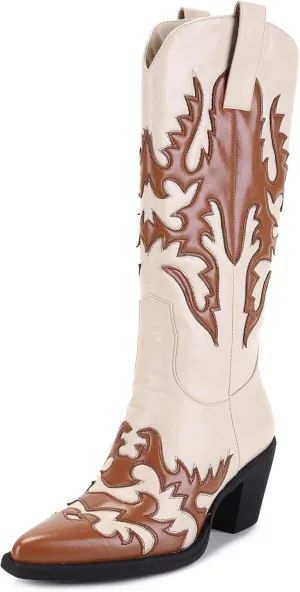 ANN CREEK Women's 'Claremont' Sexy Cowboy Boots Mid Calf Knee-high Patchwork Dressy Cowgirl Western Woman Chunky Heel Pointed Toe Trendy Knee High Tall Boots