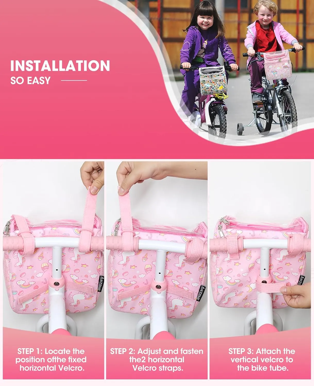 ANZOME Kids Bike Basket with Shoulder Strap, Bicycle Basket with 10 Stickers, Waterproof Front Handlebar Bag, Kids Bike Accessories Gift for Girls Boys, Fits Most Bicycles, Scooter, Tricycle
