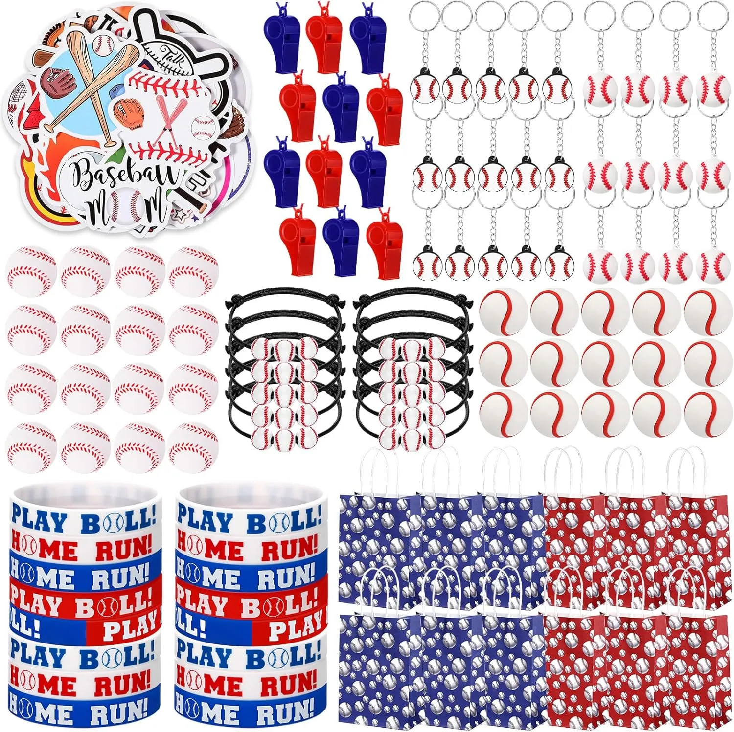 Aoriher 144 Pcs Baseball Party Favors Set Sport Themed Birthday Party Supplies Includes Goodie Bag Fillers Mini Stress Ball Stickers Whistle Keychain Charm Bracelet Wristbands Erasers Sport Team Gift
