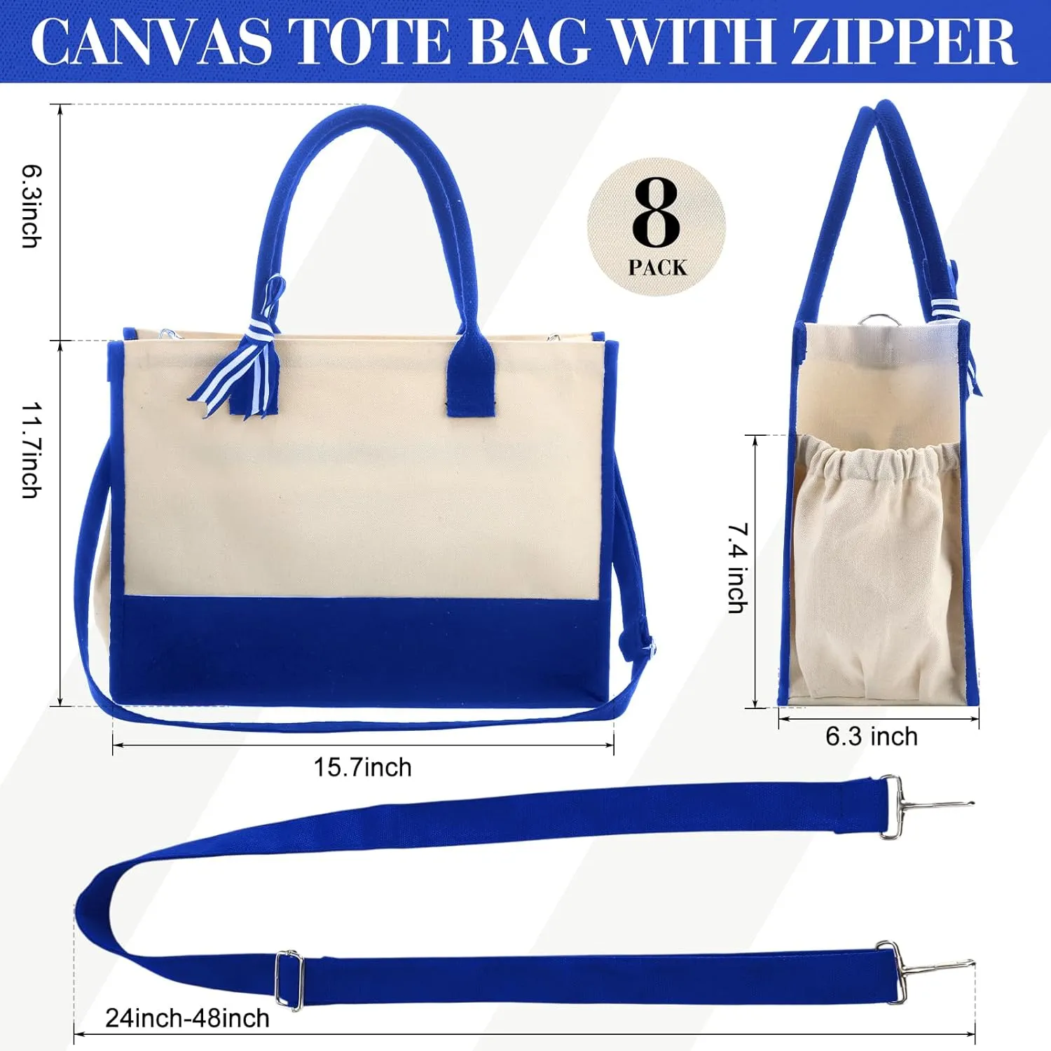 Aoriher 8 PCS Canvas Tote Bag with Shoulder Strap Zipper Opening Grocery Tote for Women Birthday Bridesmaid Gift Bag