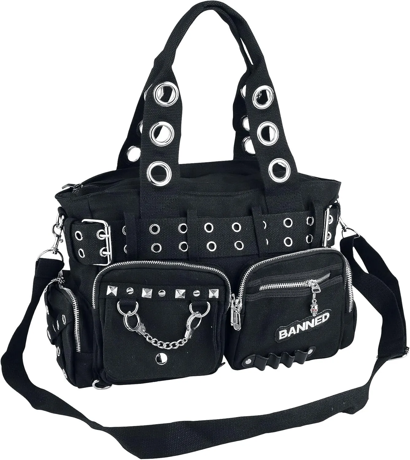 Apparel Handcuff Black Canvas Silver Studded Vegan Gothic Handbag