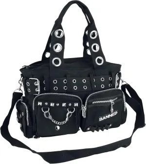 Apparel Handcuff Black Canvas Silver Studded Vegan Gothic Handbag