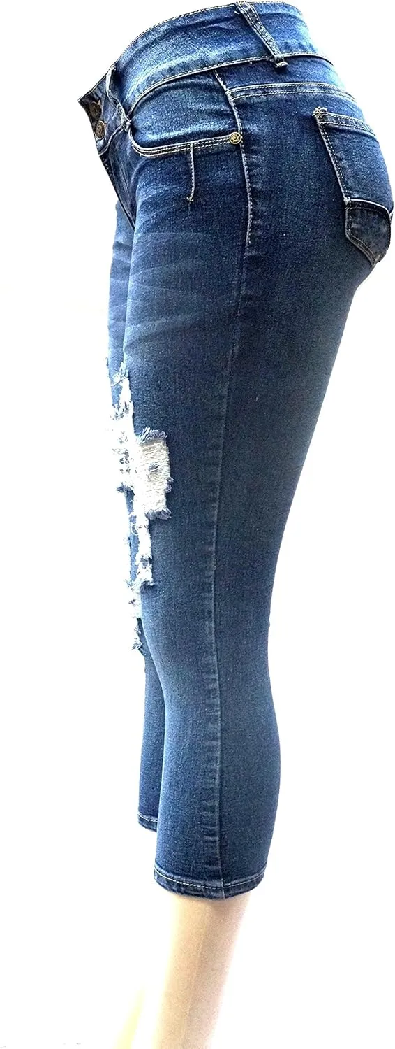 APT.9 / Diamante Juniors Women's Capri Denim Jeans Skinny Ripped Distressed Stretch Pants