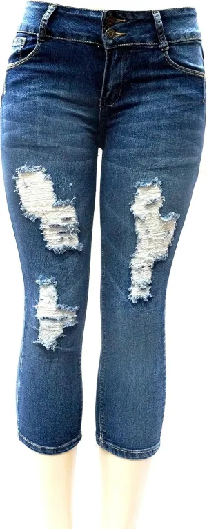 APT.9 / Diamante Juniors Women's Capri Denim Jeans Skinny Ripped Distressed Stretch Pants