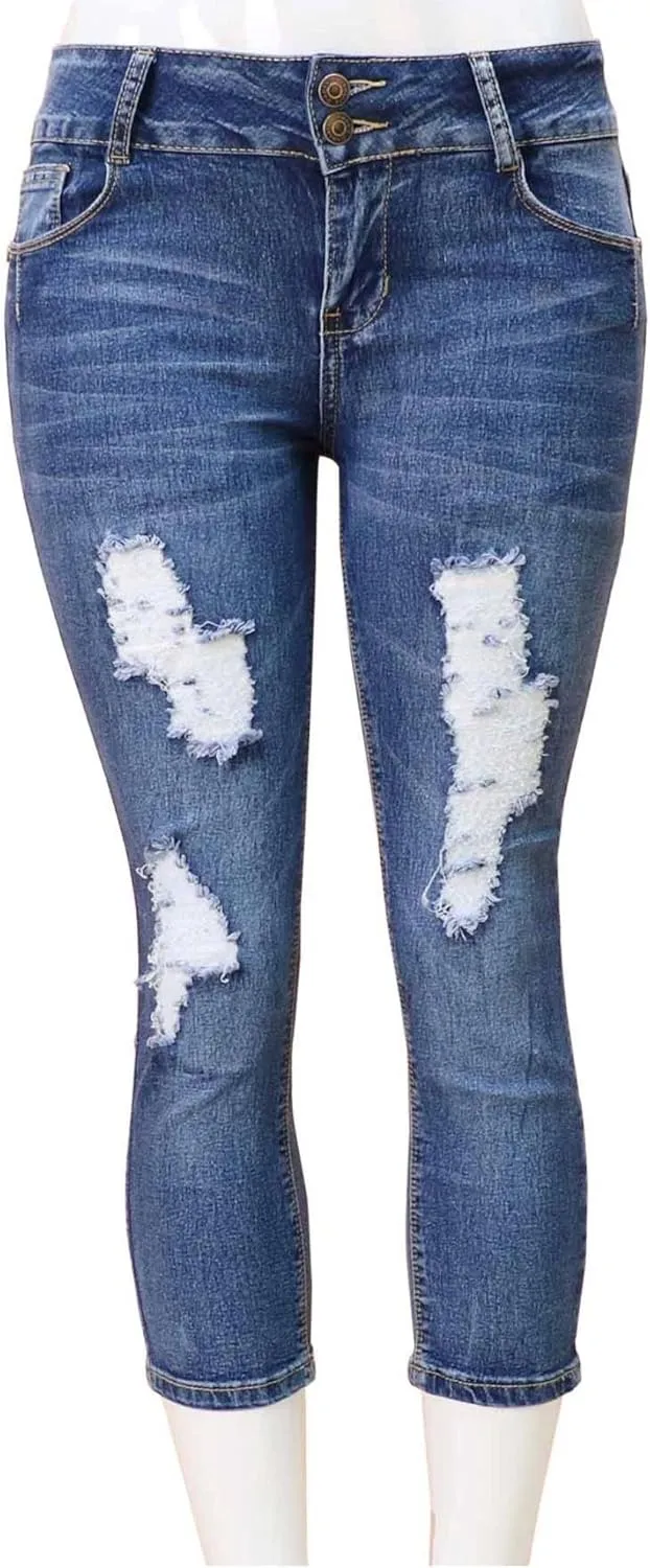 APT.9 / Diamante Juniors Women's Capri Denim Jeans Skinny Ripped Distressed Stretch Pants
