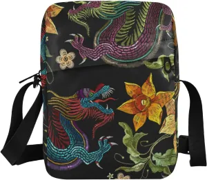 Asian Dragon Golden Flowers Small Crossbody Bag Travel Wallet Side Shoulder Bag