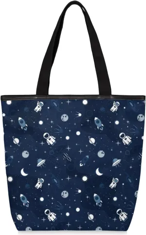 Astronaut Space Shuttle Canvas Tote Bag for Women Medium Shoulder Bag with Zipper and Pockets for College Work Travel Shopping Grocery Bag