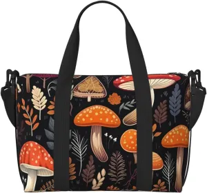Autumn Mushroom Leaves Travel Bag, Fern Leaves Berry Weekender Overnight Bag, Shoulder Travel Duffel Bag Carry On Gym Bag for Women Men
