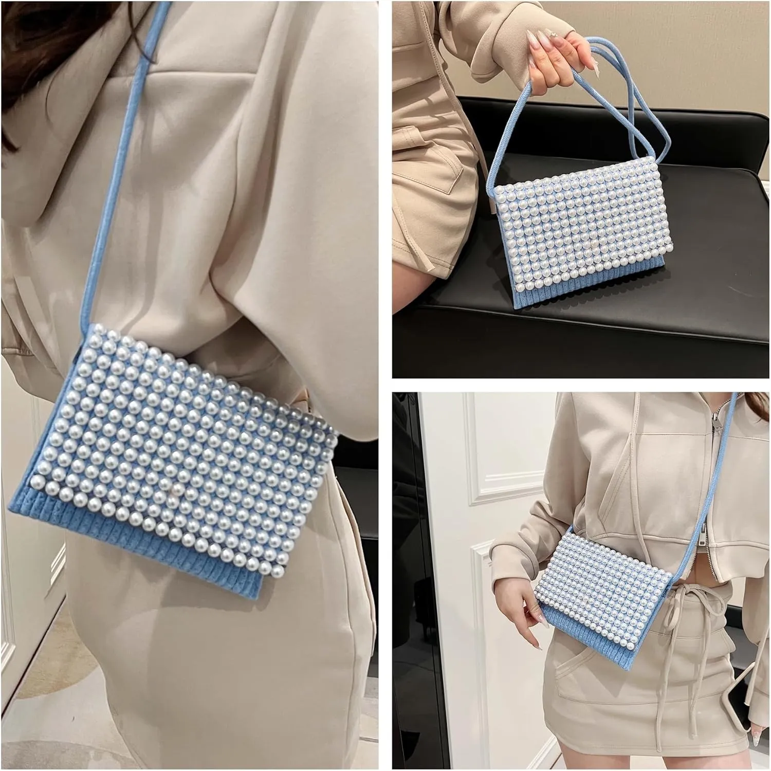 Ayliss Women Crossbody Handbag Purse Small Artificial Pearl Handwoven Summer Beach Shoulder Handbag Woven Cotton Crochet