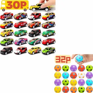 AZEN 30 Pcs Pull Back Cars & 32 Pcs Mini Soccer Ball Favors for Kids, Goodie Bags Stuffers for Birthday Party, Classroom Prizes Kids Prizes, Small Bulk Toys Gifts