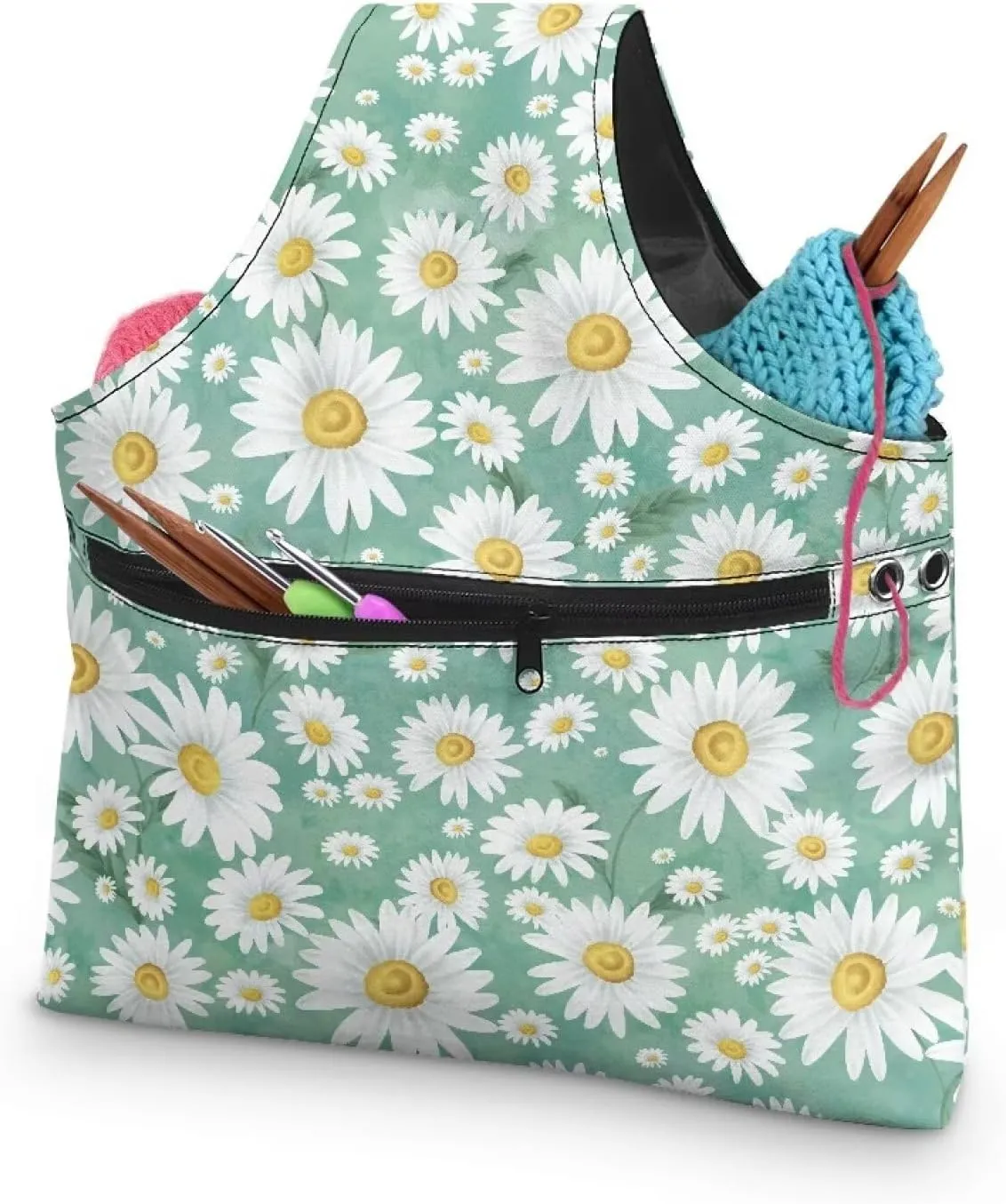 Babrukda White Daisy Green Print Yarn Bag Yarn Storage Organizer Yarn Holder Crochet Bag with Handles Knitting Tote Bag Craft Kits Bag Embroidery Carrying Bag Needlework Tool Bag Handbag L