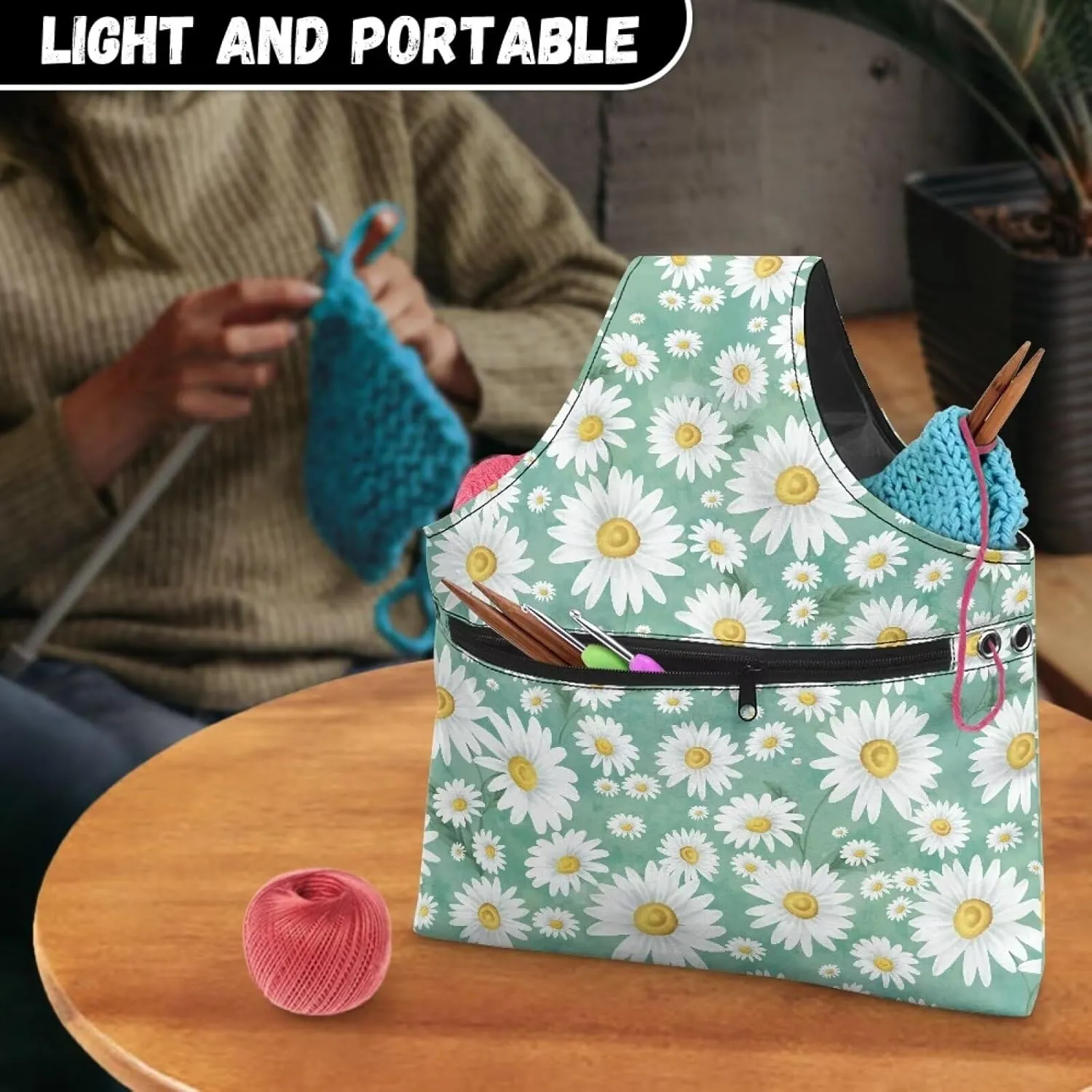 Babrukda White Daisy Green Print Yarn Bag Yarn Storage Organizer Yarn Holder Crochet Bag with Handles Knitting Tote Bag Craft Kits Bag Embroidery Carrying Bag Needlework Tool Bag Handbag L