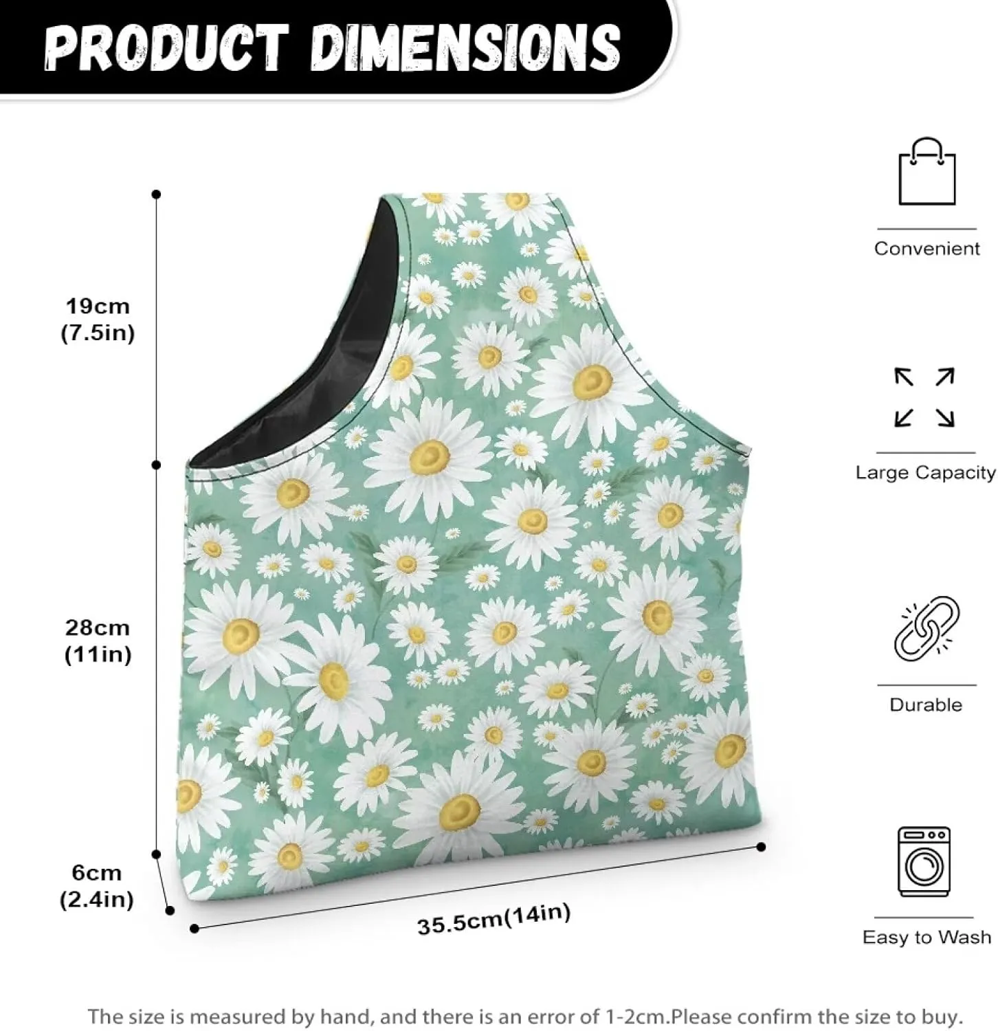 Babrukda White Daisy Green Print Yarn Bag Yarn Storage Organizer Yarn Holder Crochet Bag with Handles Knitting Tote Bag Craft Kits Bag Embroidery Carrying Bag Needlework Tool Bag Handbag L