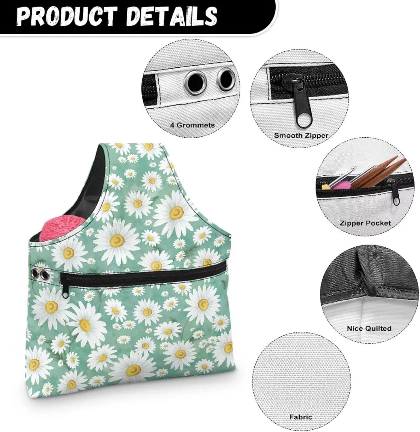 Babrukda White Daisy Green Print Yarn Bag Yarn Storage Organizer Yarn Holder Crochet Bag with Handles Knitting Tote Bag Craft Kits Bag Embroidery Carrying Bag Needlework Tool Bag Handbag L