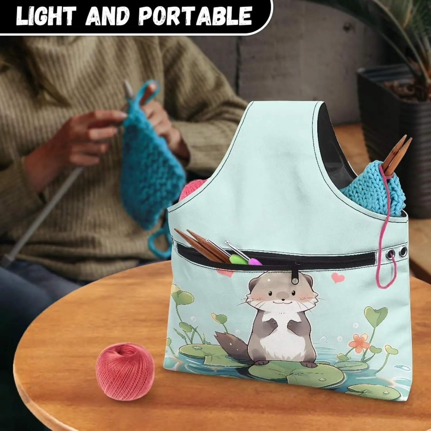 Babrukda Yarn Bag with Holes for Crochet Yarn Storage Handbag Crochet Bag Organizer Yarn Holder Tote Knitting Bag with Handles Craft Kits Bag Cute Otter Print Embroidery Project Bag Large