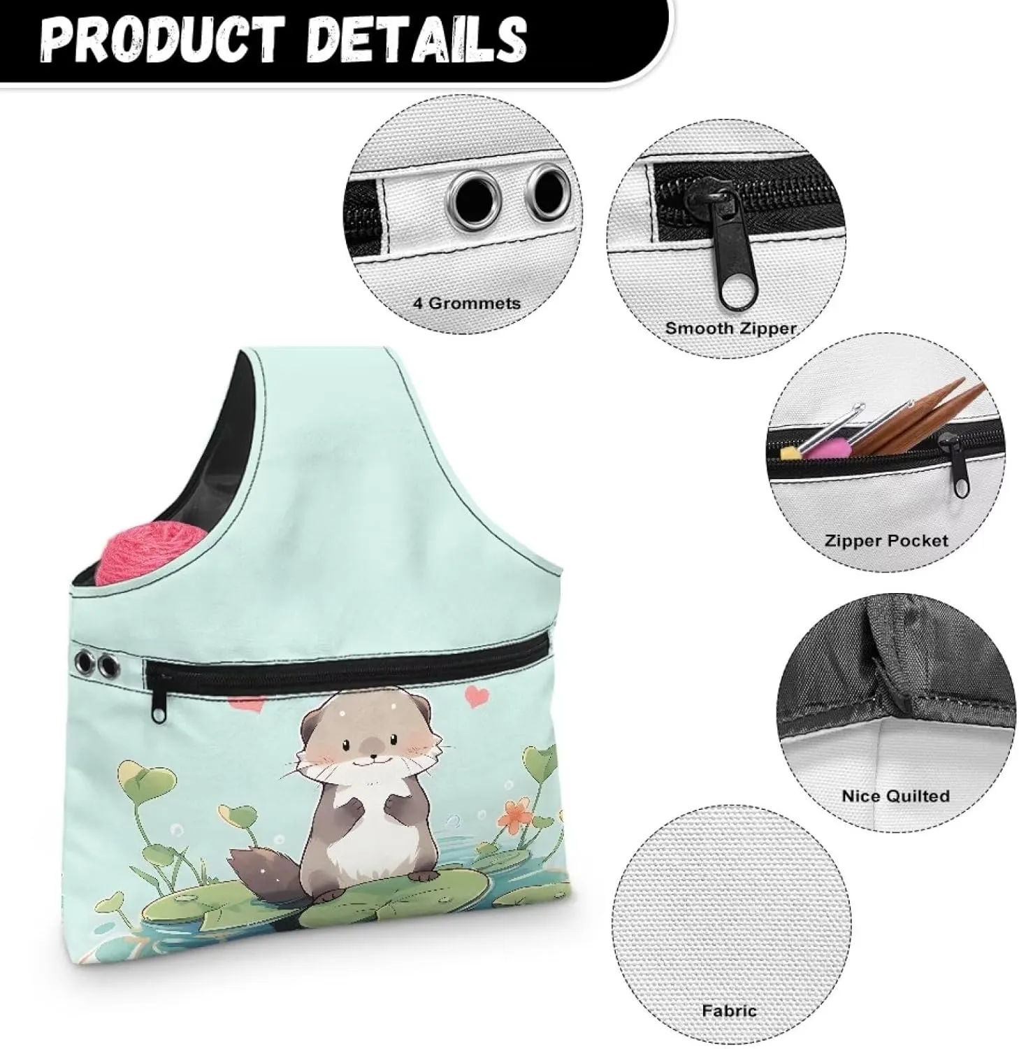 Babrukda Yarn Bag with Holes for Crochet Yarn Storage Handbag Crochet Bag Organizer Yarn Holder Tote Knitting Bag with Handles Craft Kits Bag Cute Otter Print Embroidery Project Bag Large