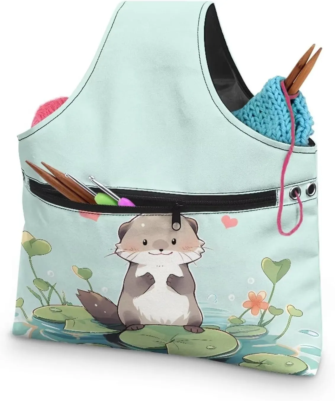 Babrukda Yarn Bag with Holes for Crochet Yarn Storage Handbag Crochet Bag Organizer Yarn Holder Tote Knitting Bag with Handles Craft Kits Bag Cute Otter Print Embroidery Project Bag Large