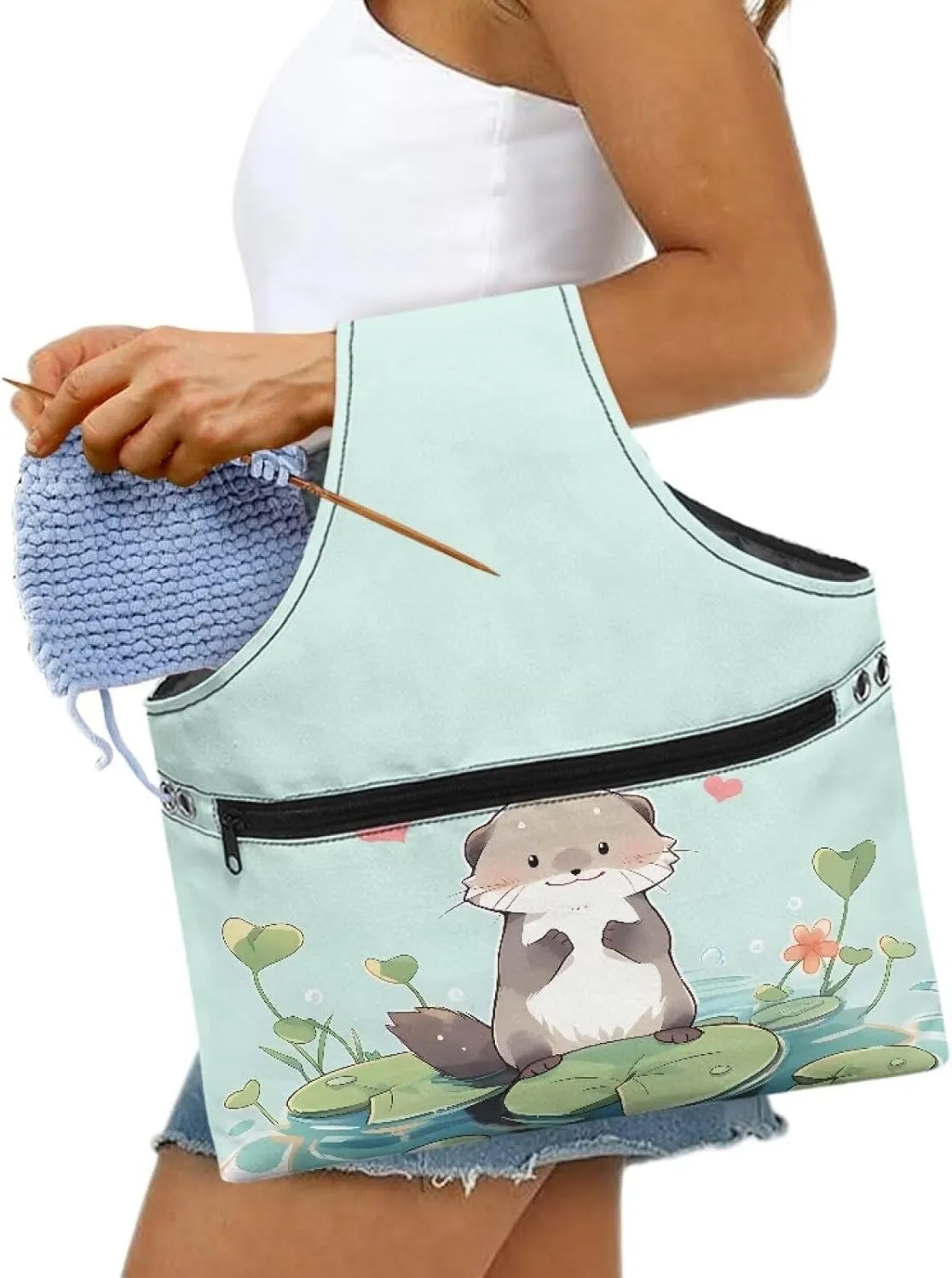 Babrukda Yarn Bag with Holes for Crochet Yarn Storage Handbag Crochet Bag Organizer Yarn Holder Tote Knitting Bag with Handles Craft Kits Bag Cute Otter Print Embroidery Project Bag Large