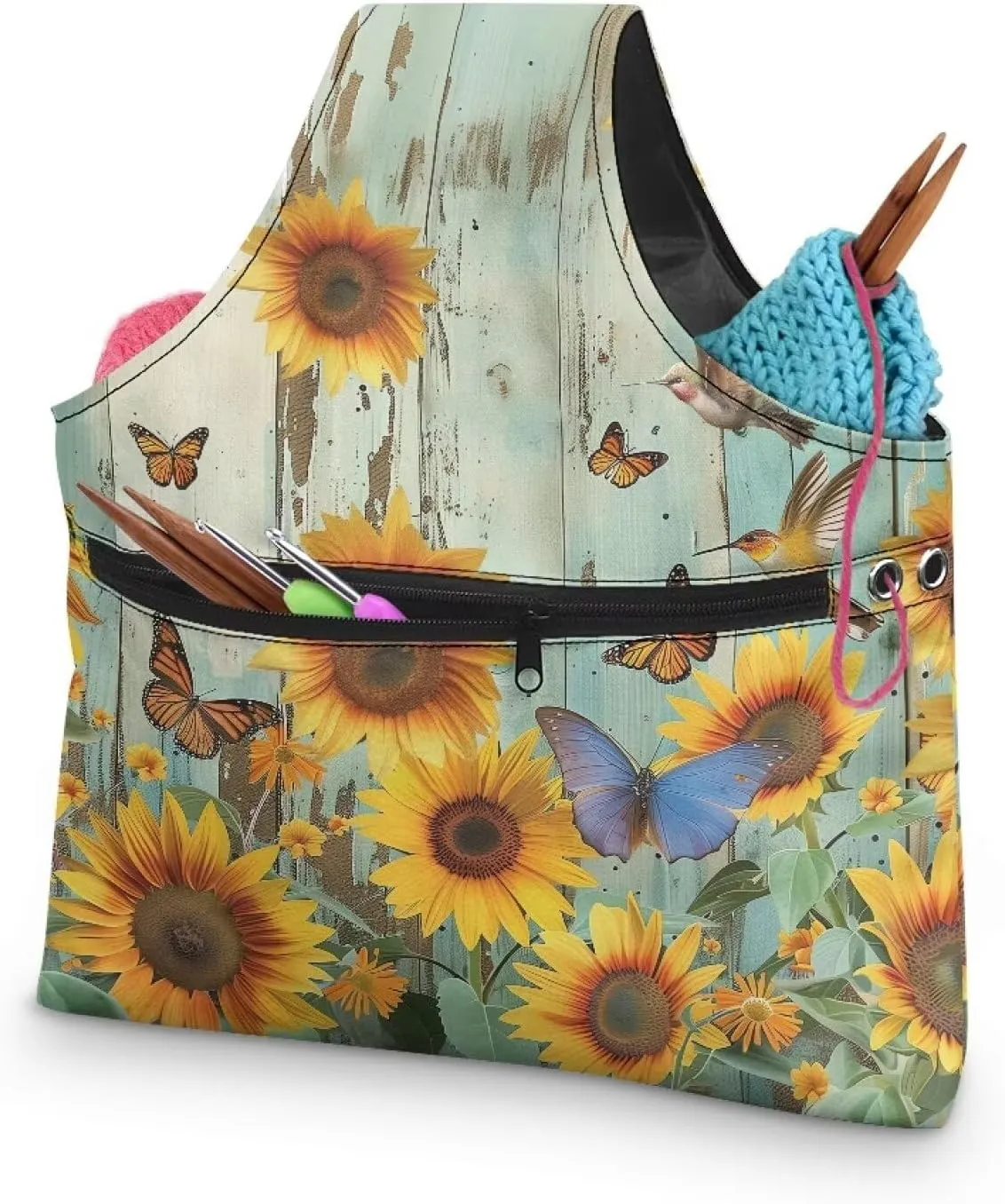 Babrukda Yarn Bag with Holes for Crochet Yarn Storage Handbag Crochet Bag Organizer Yarn Holder Tote Knitting Bag with Handles Craft Kits Bag Sunflower Butterflies Plank Print Embroidery Project Bag L
