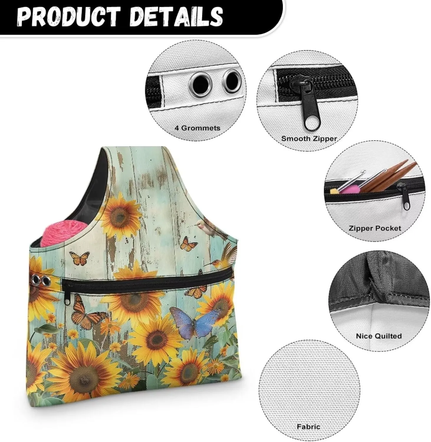 Babrukda Yarn Bag with Holes for Crochet Yarn Storage Handbag Crochet Bag Organizer Yarn Holder Tote Knitting Bag with Handles Craft Kits Bag Sunflower Butterflies Plank Print Embroidery Project Bag L