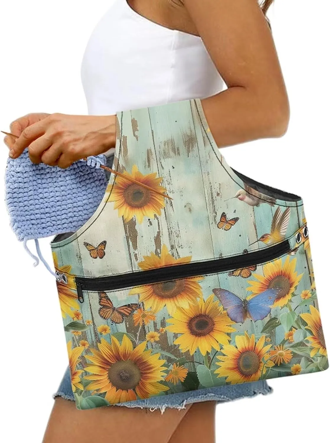 Babrukda Yarn Bag with Holes for Crochet Yarn Storage Handbag Crochet Bag Organizer Yarn Holder Tote Knitting Bag with Handles Craft Kits Bag Sunflower Butterflies Plank Print Embroidery Project Bag L