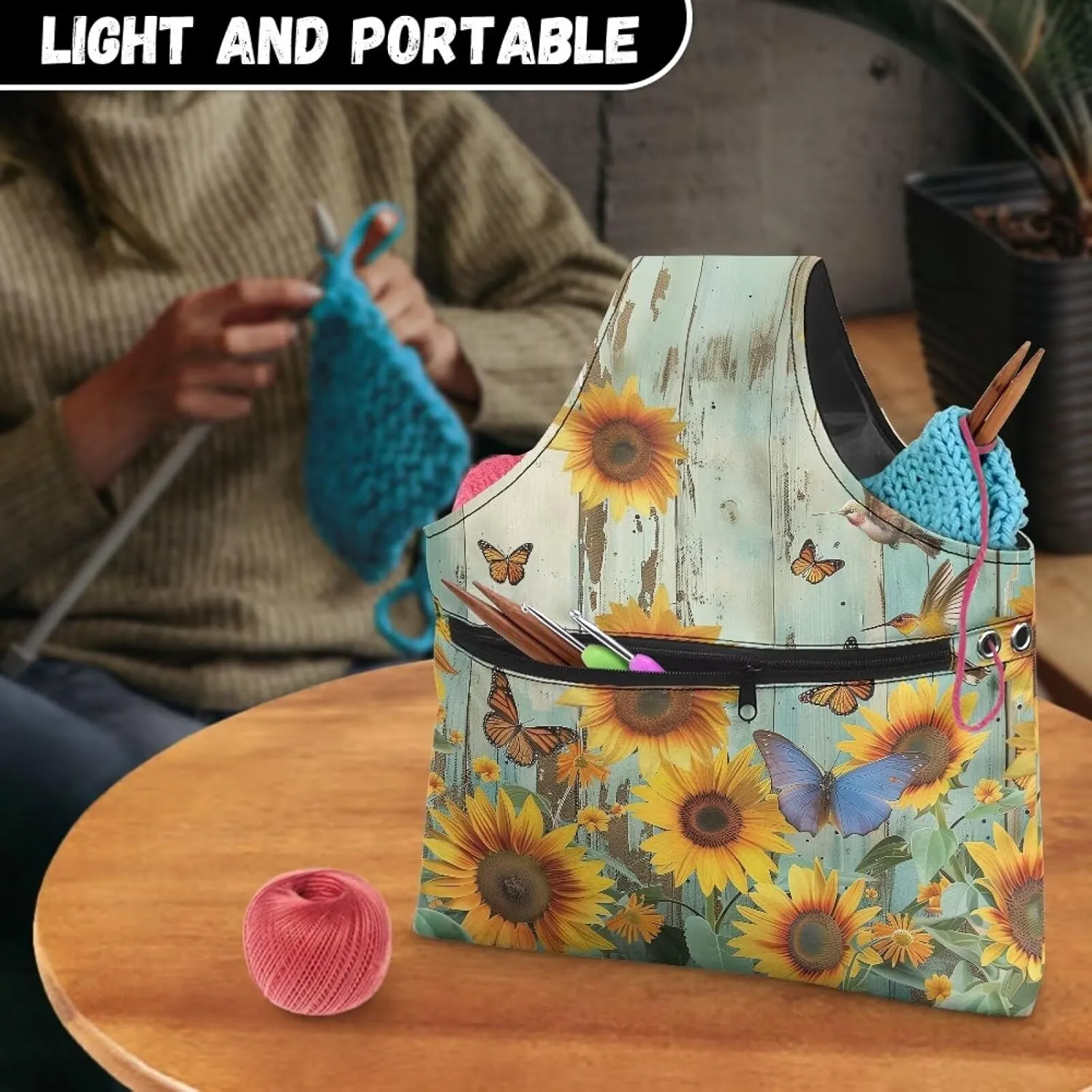 Babrukda Yarn Bag with Holes for Crochet Yarn Storage Handbag Crochet Bag Organizer Yarn Holder Tote Knitting Bag with Handles Craft Kits Bag Sunflower Butterflies Plank Print Embroidery Project Bag L
