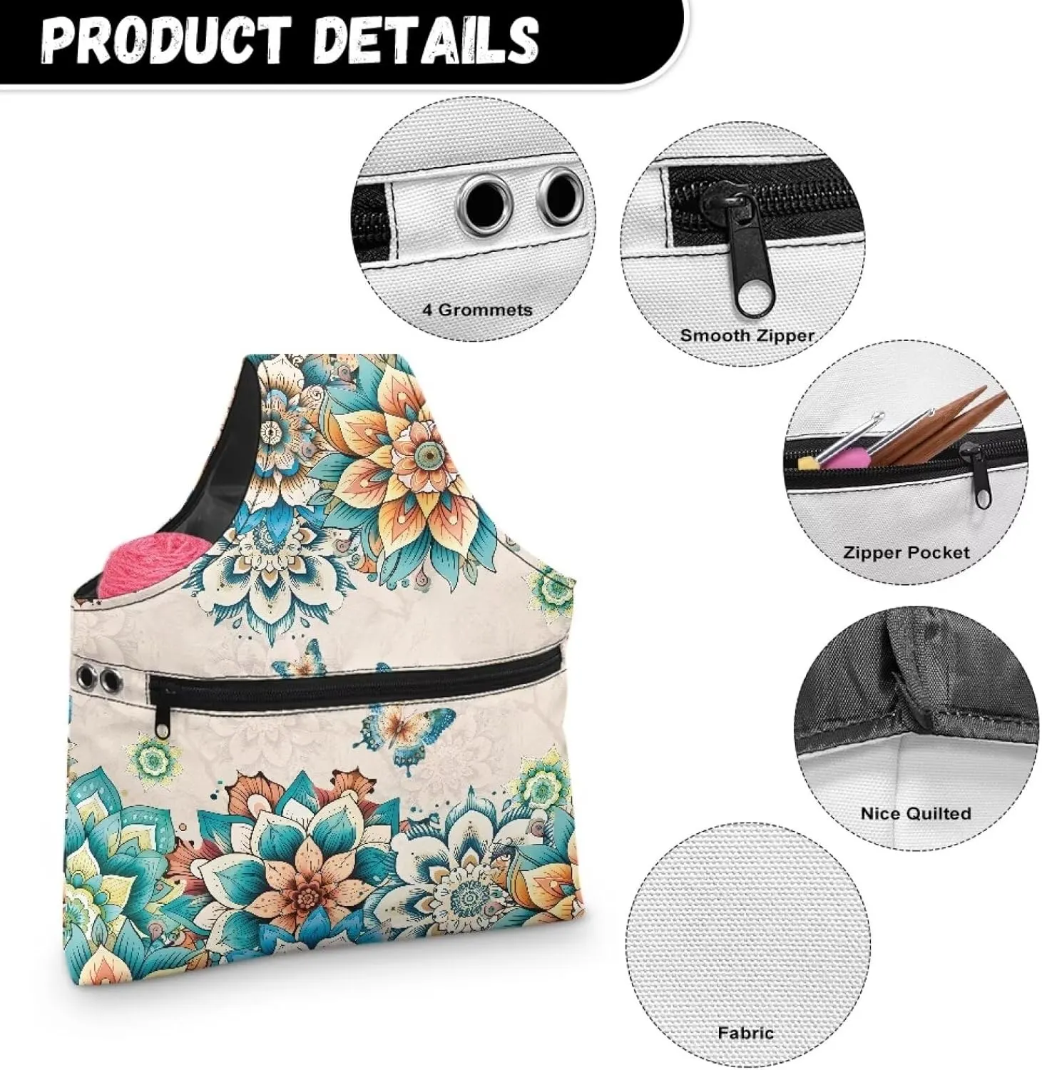 Babrukda Yarn Bag with Holes Yarn Organizer for Crocheting Boho Flower Butterfly Print Crochet Handbag Yarn Holder Sewing Supplies Storage Knitting Tote Bag Craft Kits Embroidery Carrying Bag L
