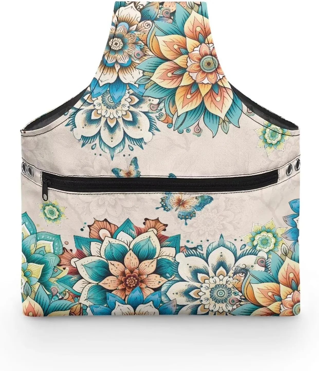 Babrukda Yarn Bag with Holes Yarn Organizer for Crocheting Boho Flower Butterfly Print Crochet Handbag Yarn Holder Sewing Supplies Storage Knitting Tote Bag Craft Kits Embroidery Carrying Bag L