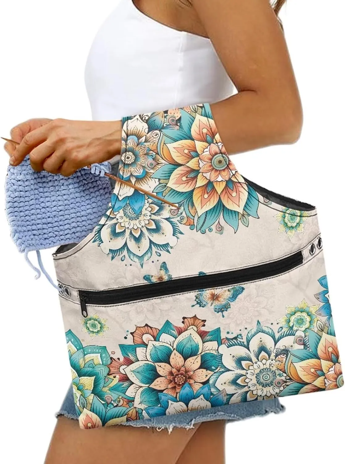 Babrukda Yarn Bag with Holes Yarn Organizer for Crocheting Boho Flower Butterfly Print Crochet Handbag Yarn Holder Sewing Supplies Storage Knitting Tote Bag Craft Kits Embroidery Carrying Bag L