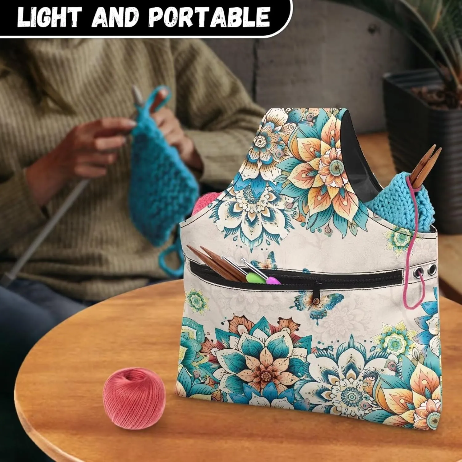 Babrukda Yarn Bag with Holes Yarn Organizer for Crocheting Boho Flower Butterfly Print Crochet Handbag Yarn Holder Sewing Supplies Storage Knitting Tote Bag Craft Kits Embroidery Carrying Bag L
