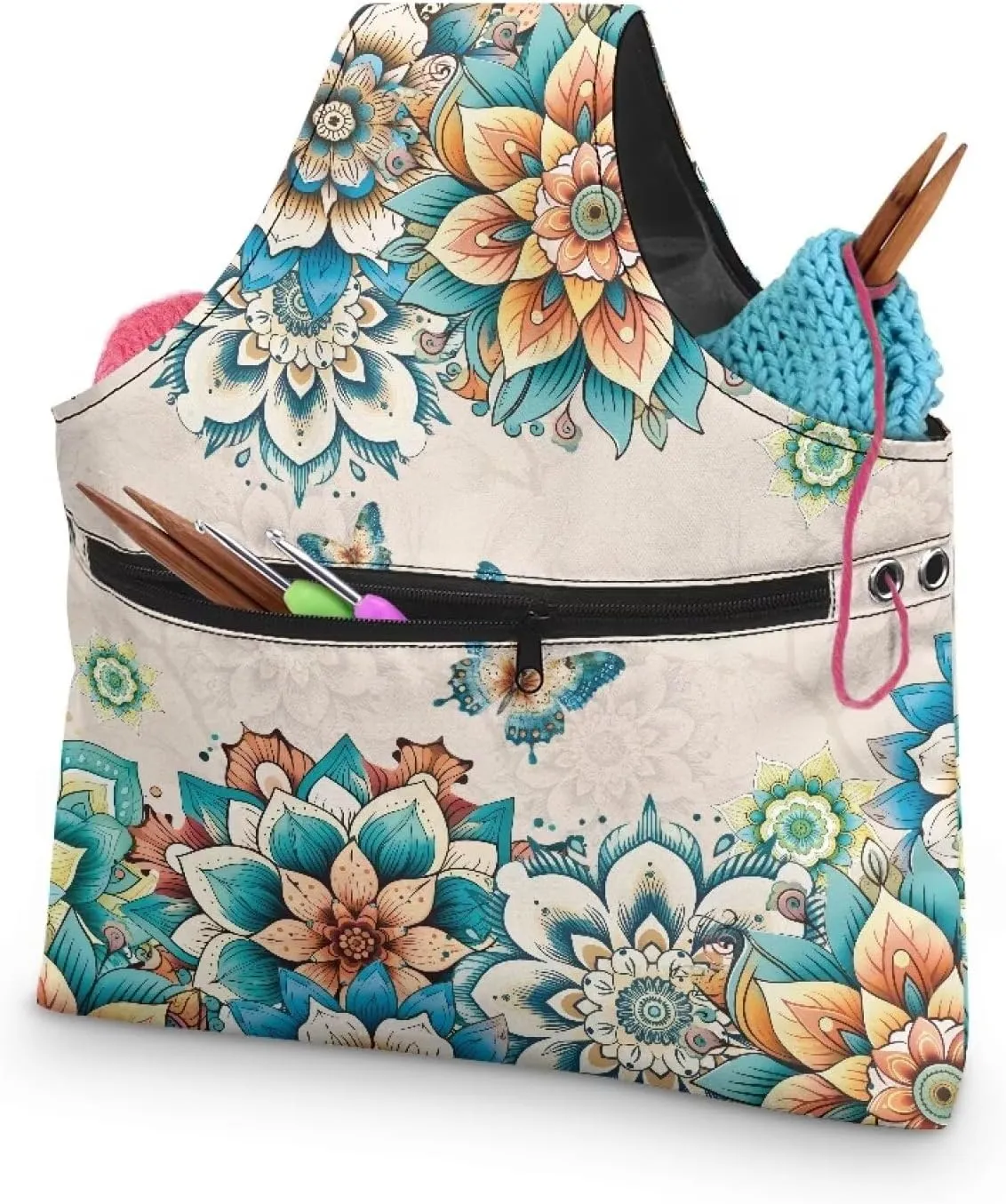 Babrukda Yarn Bag with Holes Yarn Organizer for Crocheting Boho Flower Butterfly Print Crochet Handbag Yarn Holder Sewing Supplies Storage Knitting Tote Bag Craft Kits Embroidery Carrying Bag L
