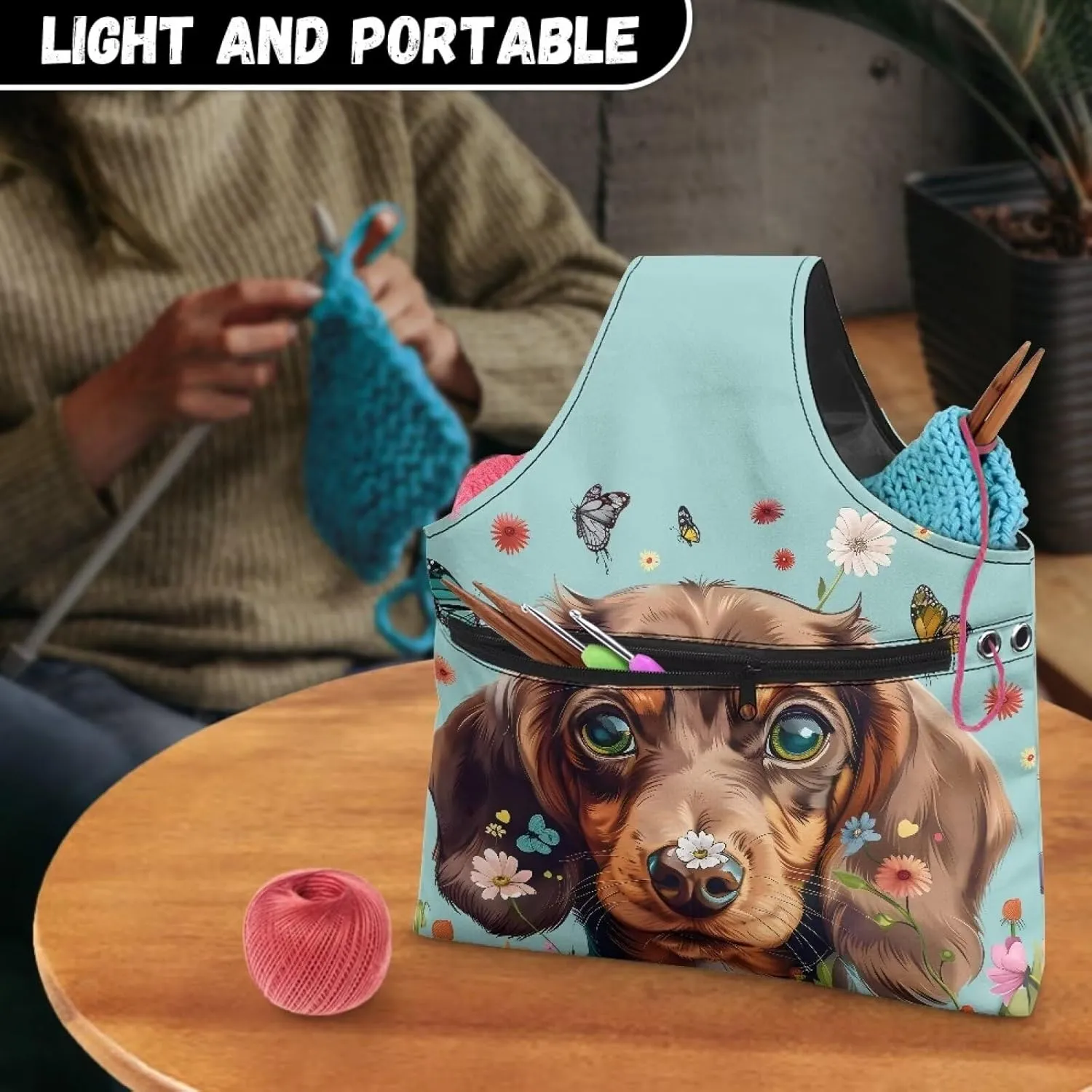 Babrukda Yarn Bag, Yarn Holder for Crochet Accessories, Crochet Bag Organizer, Knitting Tote Bag, Needlework Tool Storage Bag, Dachshund Butterflies Print Handbag with Front Zip Pocket, Large