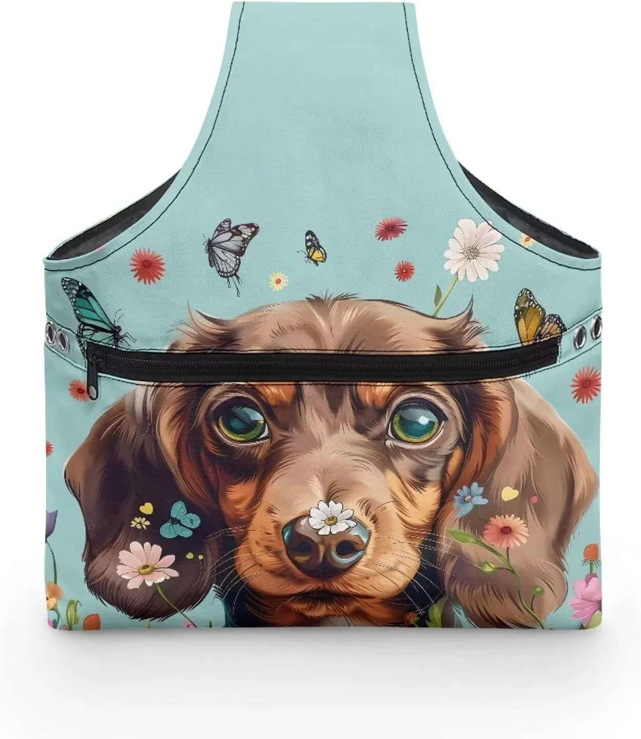Babrukda Yarn Bag, Yarn Holder for Crochet Accessories, Crochet Bag Organizer, Knitting Tote Bag, Needlework Tool Storage Bag, Dachshund Butterflies Print Handbag with Front Zip Pocket, Large