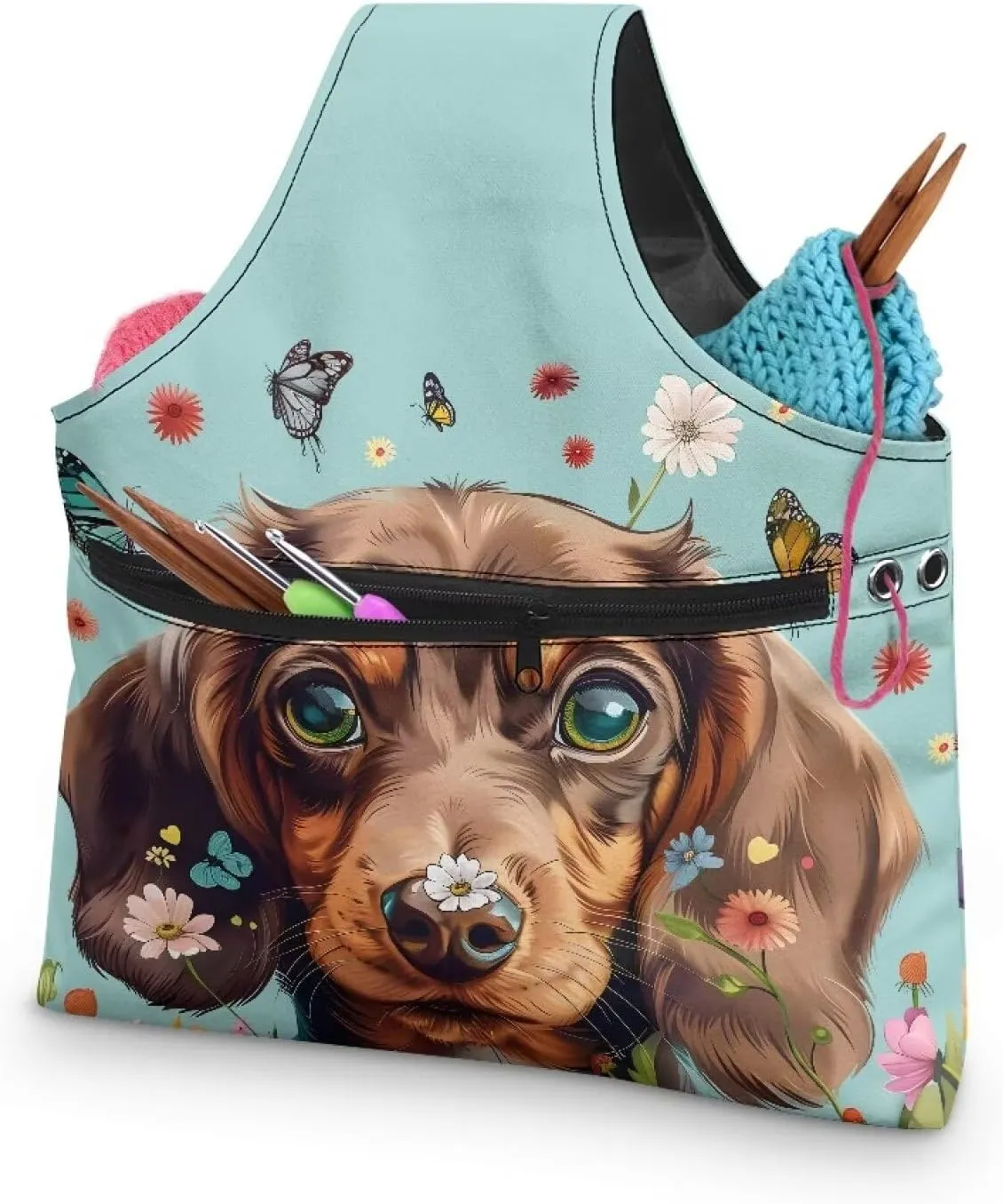 Babrukda Yarn Bag, Yarn Holder for Crochet Accessories, Crochet Bag Organizer, Knitting Tote Bag, Needlework Tool Storage Bag, Dachshund Butterflies Print Handbag with Front Zip Pocket, Large