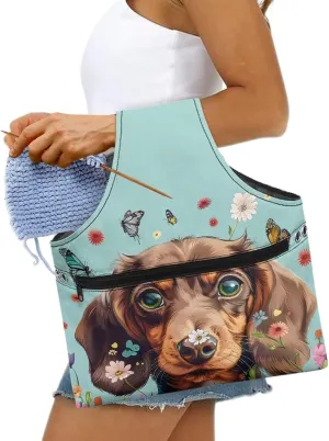 Babrukda Yarn Bag, Yarn Holder for Crochet Accessories, Crochet Bag Organizer, Knitting Tote Bag, Needlework Tool Storage Bag, Dachshund Butterflies Print Handbag with Front Zip Pocket, Large
