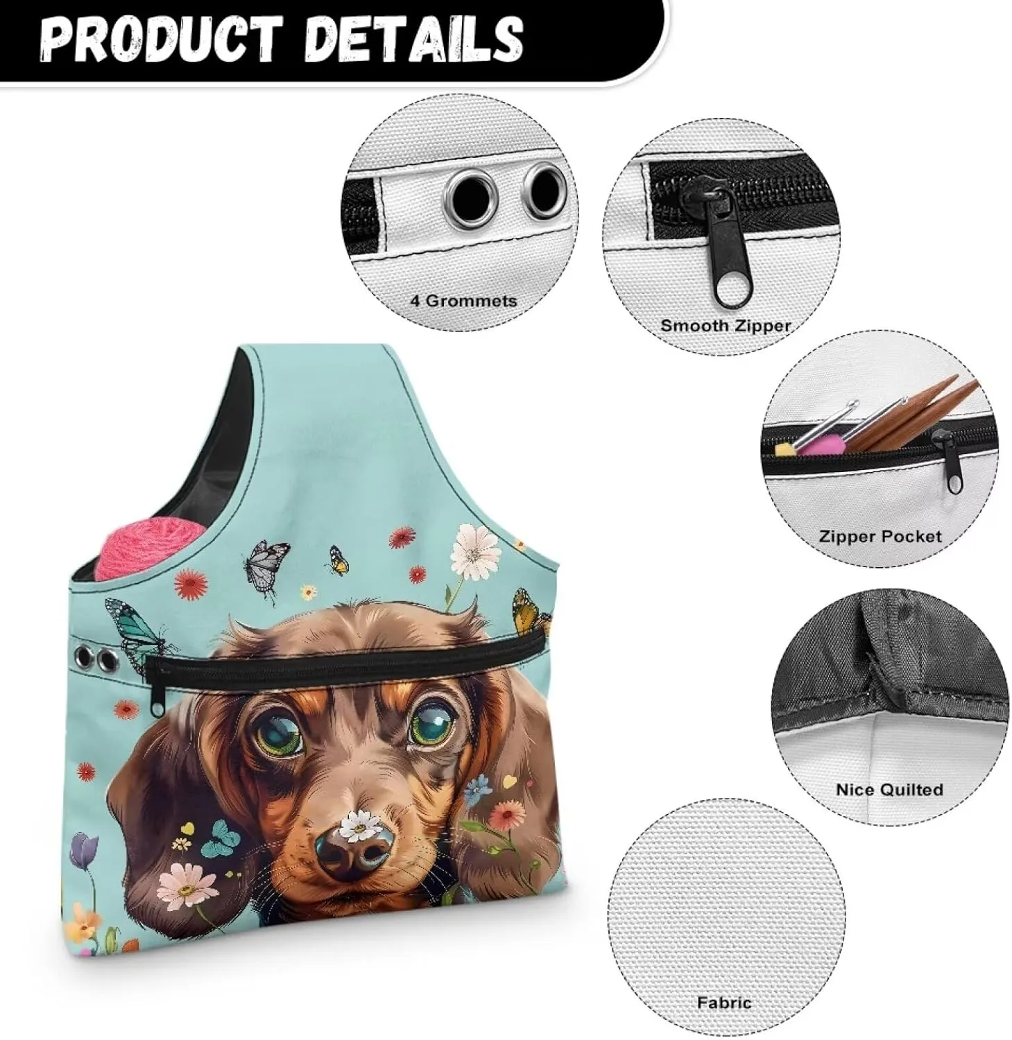 Babrukda Yarn Bag, Yarn Holder for Crochet Accessories, Crochet Bag Organizer, Knitting Tote Bag, Needlework Tool Storage Bag, Dachshund Butterflies Print Handbag with Front Zip Pocket, Large