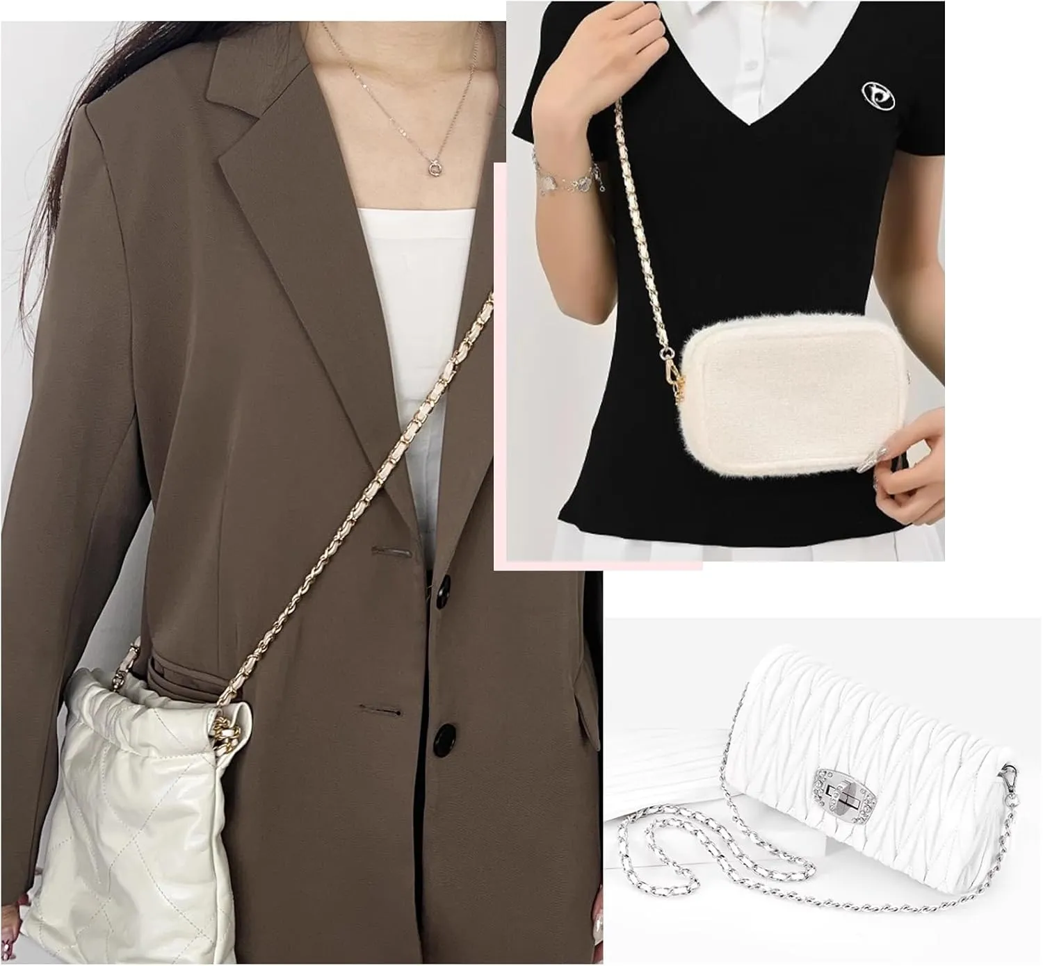 Bag Leather Chain Strap for Handbag Replacement,Purse Chain Shoulder Straps Crossbody (WHITE-90CM)