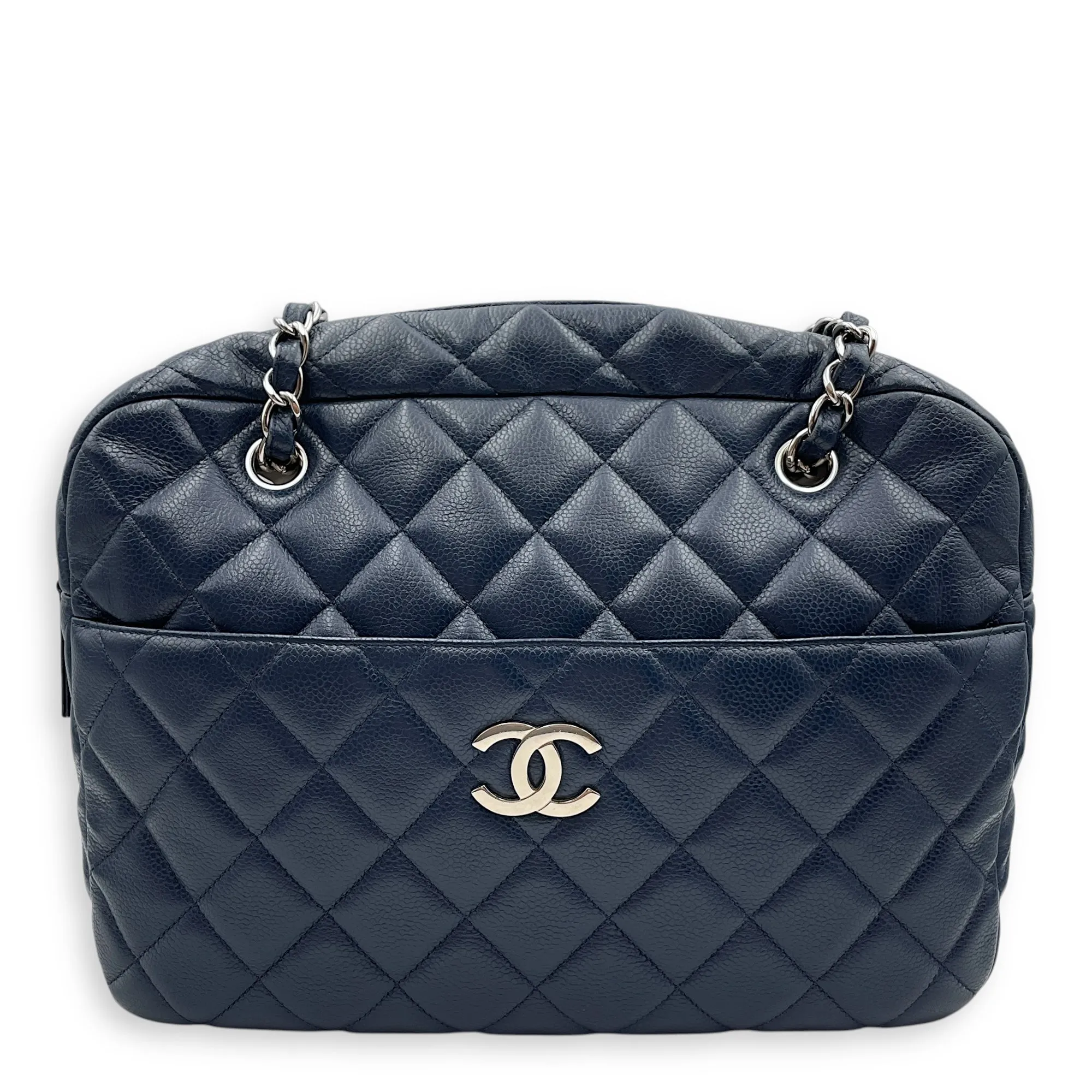 Bag Quilted Silver Bag Ending soon hardware Cc in Caviar Top-rated 30x22x9cm Shoulder Leather, Navy Blue Camera