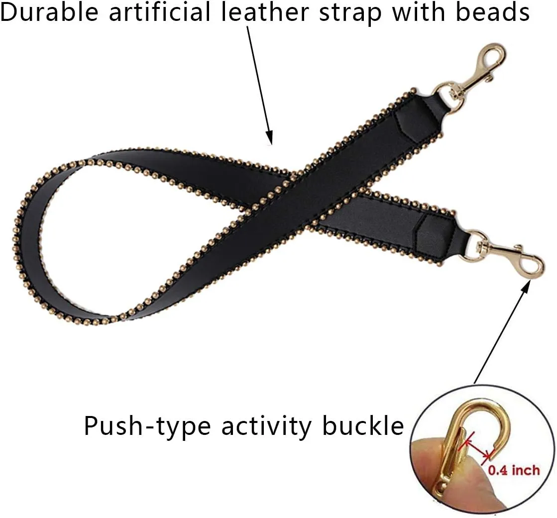 Bag Strap-Replacement Crossbody Bag Purse Faux Leather-Strap Shoulder Bead Replacement-Strap For Handbag Black(Gold Bead)