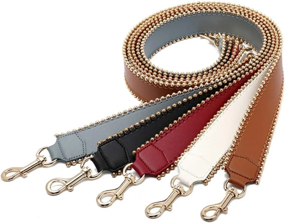Bag Strap-Replacement Crossbody Bag Purse Faux Leather-Strap Shoulder Bead Replacement-Strap For Handbag Black(Gold Bead)