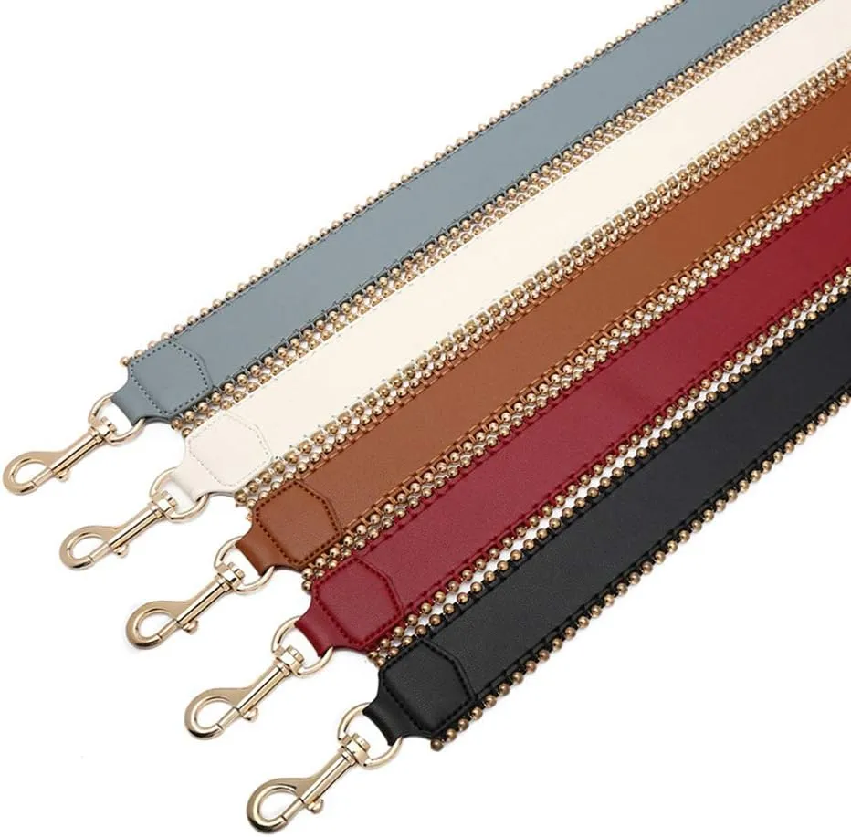 Bag Strap-Replacement Crossbody Bag Purse Faux Leather-Strap Shoulder Bead Replacement-Strap For Handbag Black(Gold Bead)
