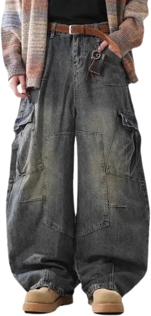 Baggy Barrel Jeans for Men Wide Leg Cargo Jeans Loose Distressed Denim Oversized Pants Fashion Casual Clothes