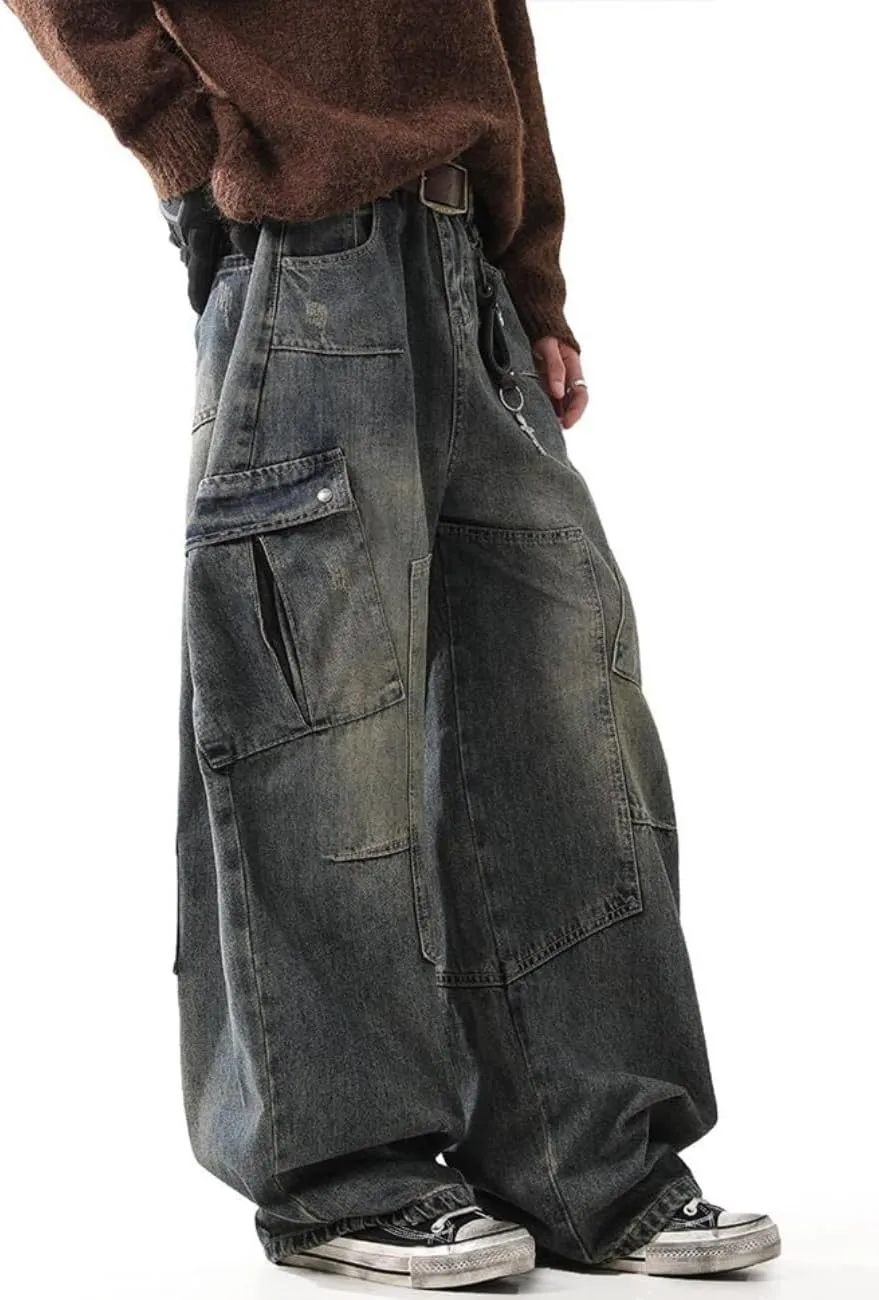 Baggy Barrel Jeans for Men Wide Leg Cargo Jeans Loose Distressed Denim Oversized Pants Fashion Casual Clothes