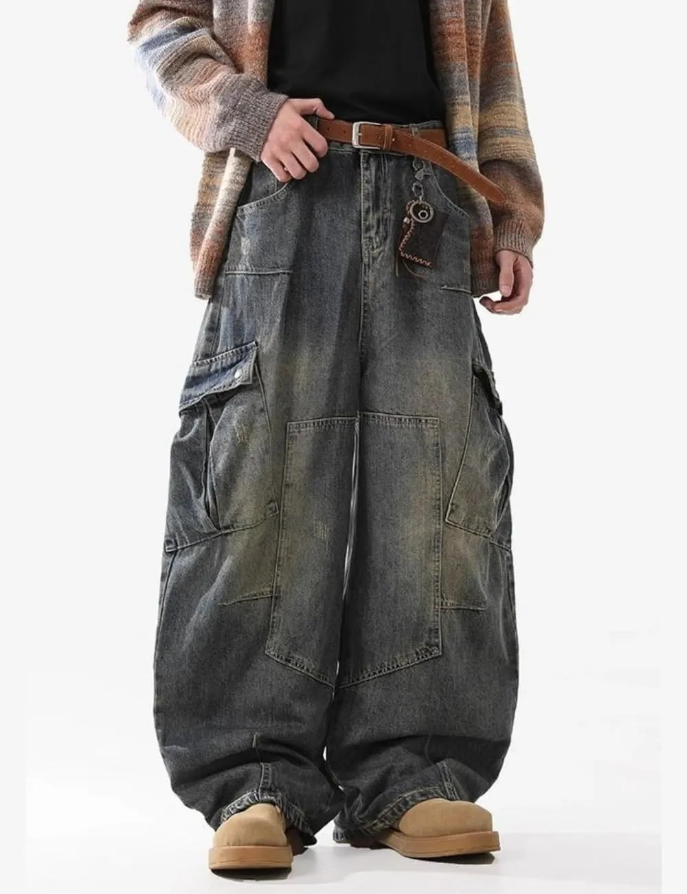 Baggy Barrel Jeans for Men Wide Leg Cargo Jeans Loose Distressed Denim Oversized Pants Fashion Casual Clothes