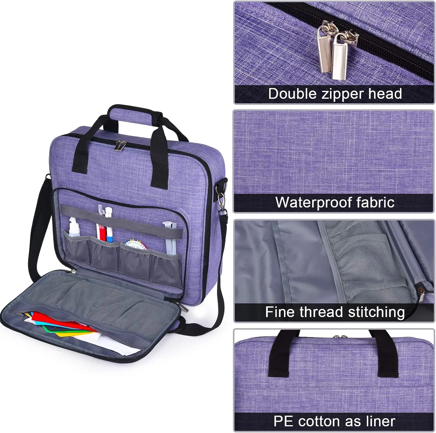 BAGLHER Cross Stitch & Embroidery Organizer Bag - Large Portable Project Storage with 3 Compartments, Travel Friendly Carrying Case for 11.2" Hoops, Threads, Supplies (Purple)