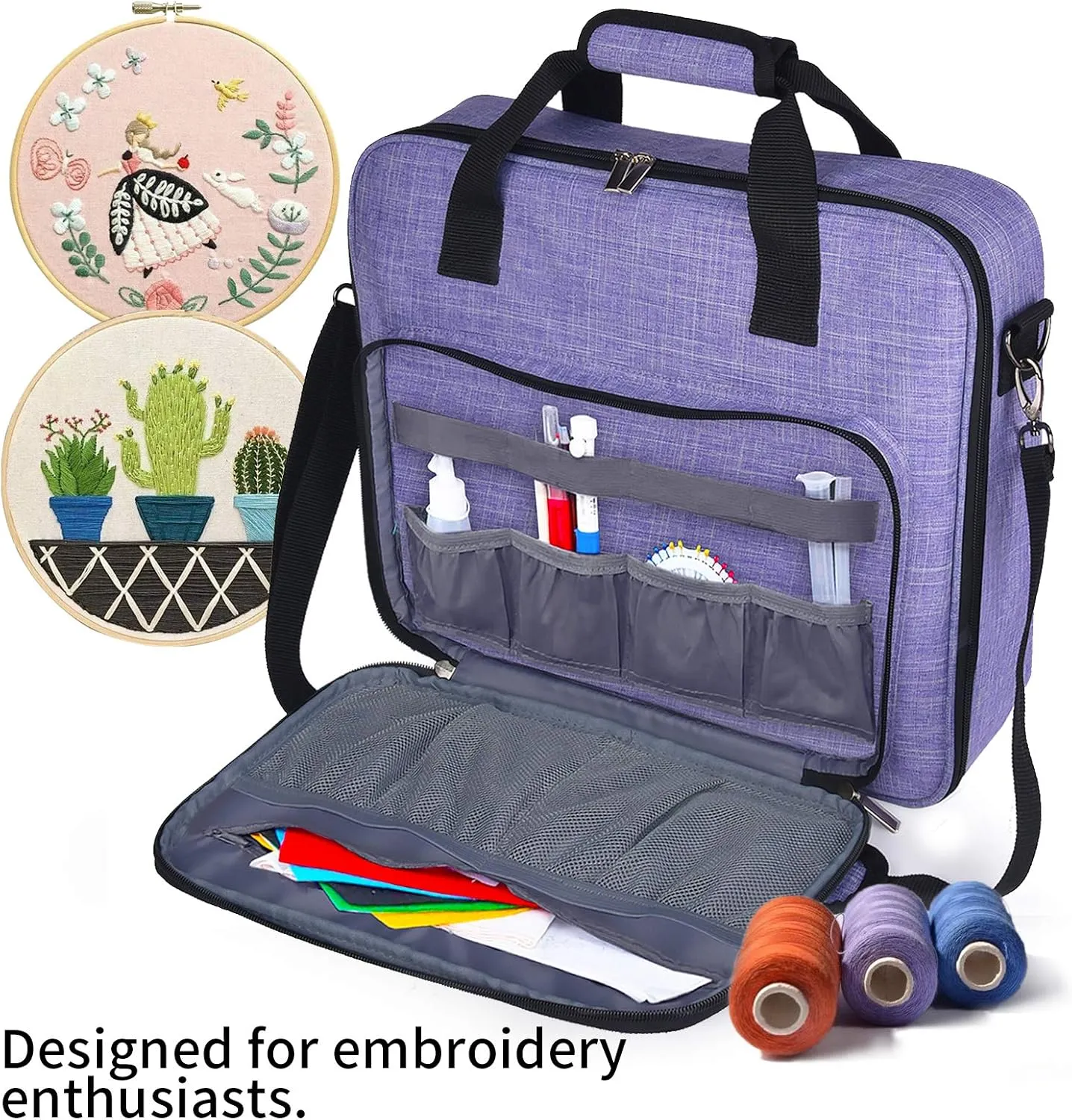 BAGLHER Cross Stitch & Embroidery Organizer Bag - Large Portable Project Storage with 3 Compartments, Travel Friendly Carrying Case for 11.2" Hoops, Threads, Supplies (Purple)